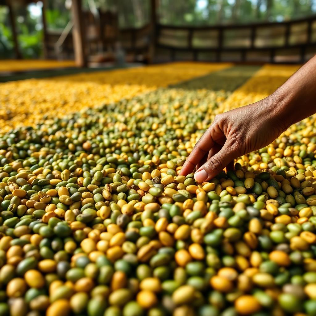 Coffee parchment drying on raised beds at an Indonesian mill