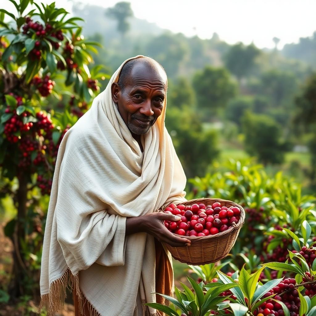 Farmer harvesting red coffee cherries in Guji, Ethiopia