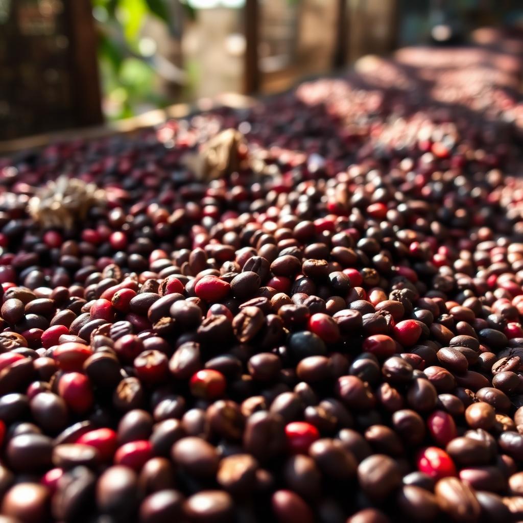 Natural process coffee cherries drying on raised beds in Yirgacheffe