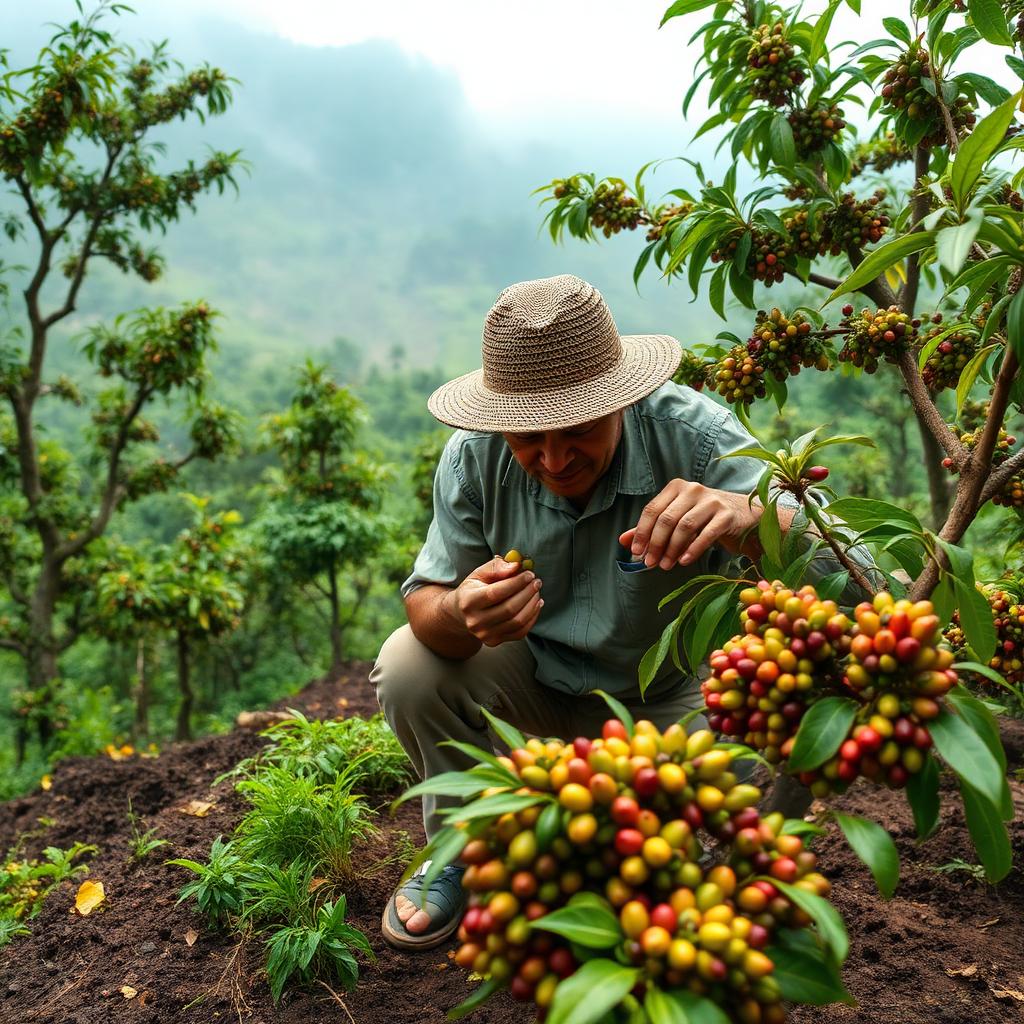 Farmer inspecting arabica cherries on a Java coffee plantation